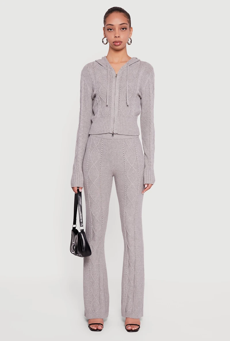 Womens Zip Front Cable Knit Hooded Cardigan, Grey, Size L