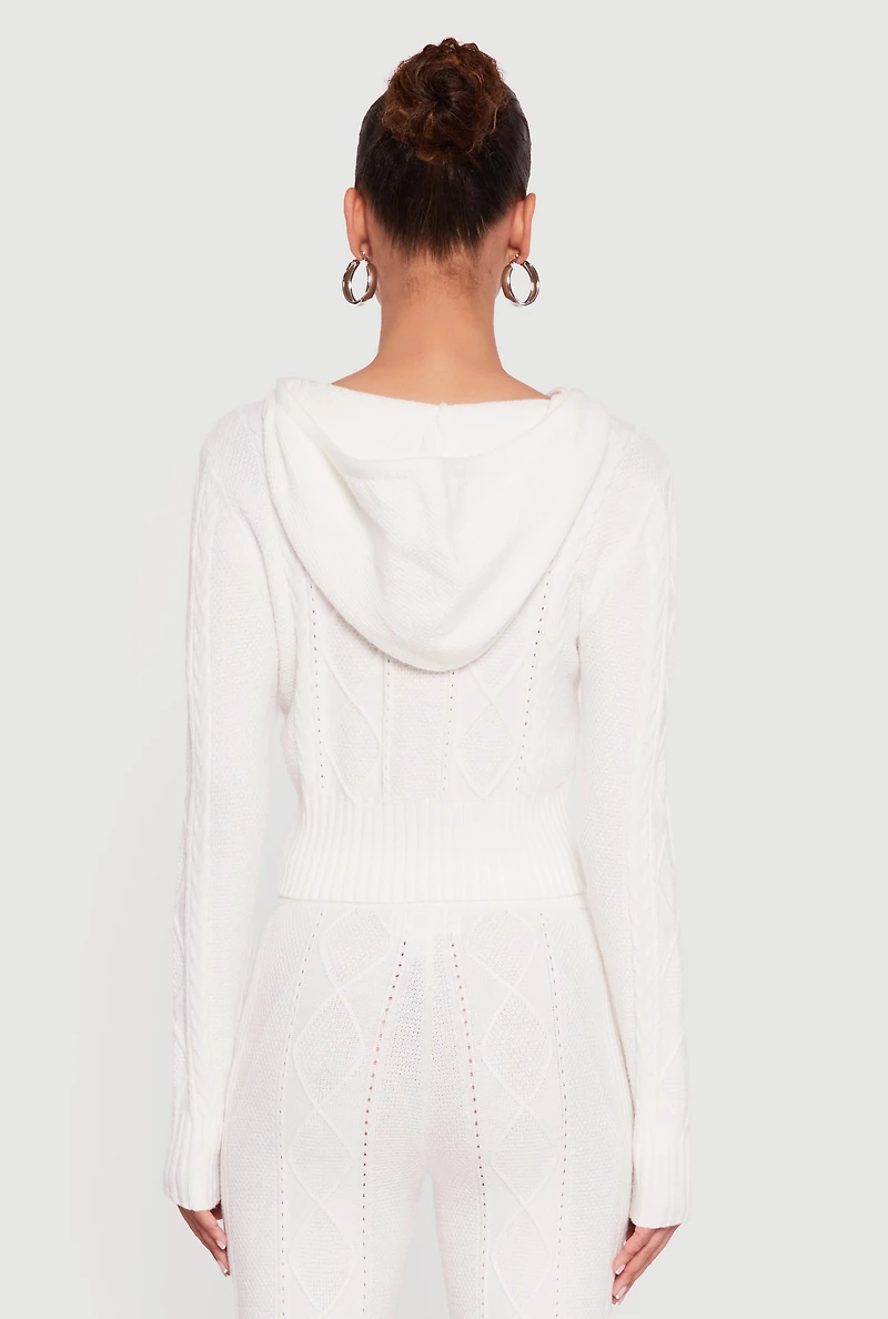 Zip Front Cable Knit Hooded Cardigan