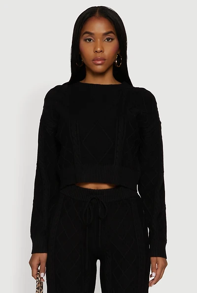 Womens Cable Knit Cropped Pullover Sweater, Black, Size L