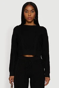 Womens Cable Knit Cropped Pullover Sweater, Black, Size L