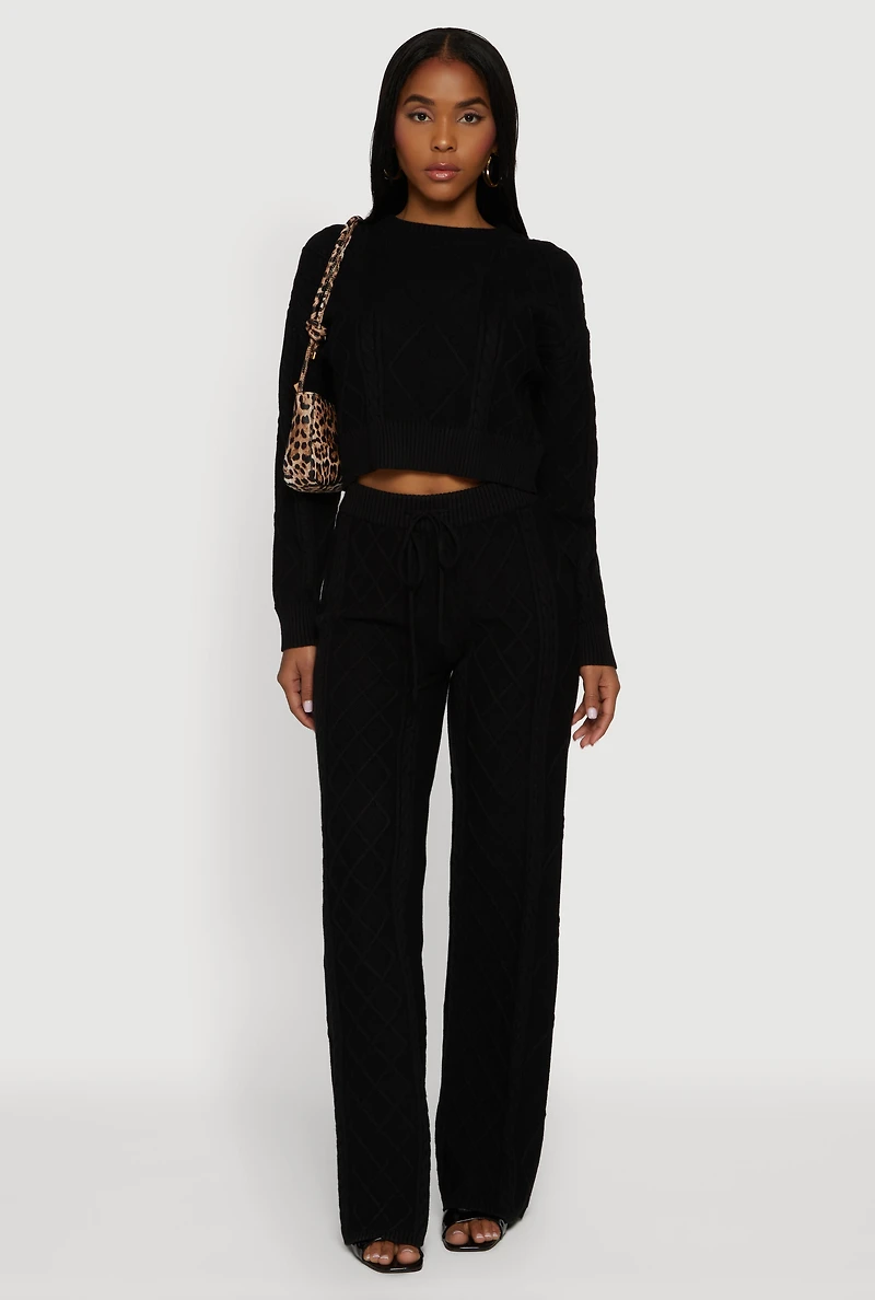 Womens Cable Knit Cropped Pullover Sweater, Black, Size L