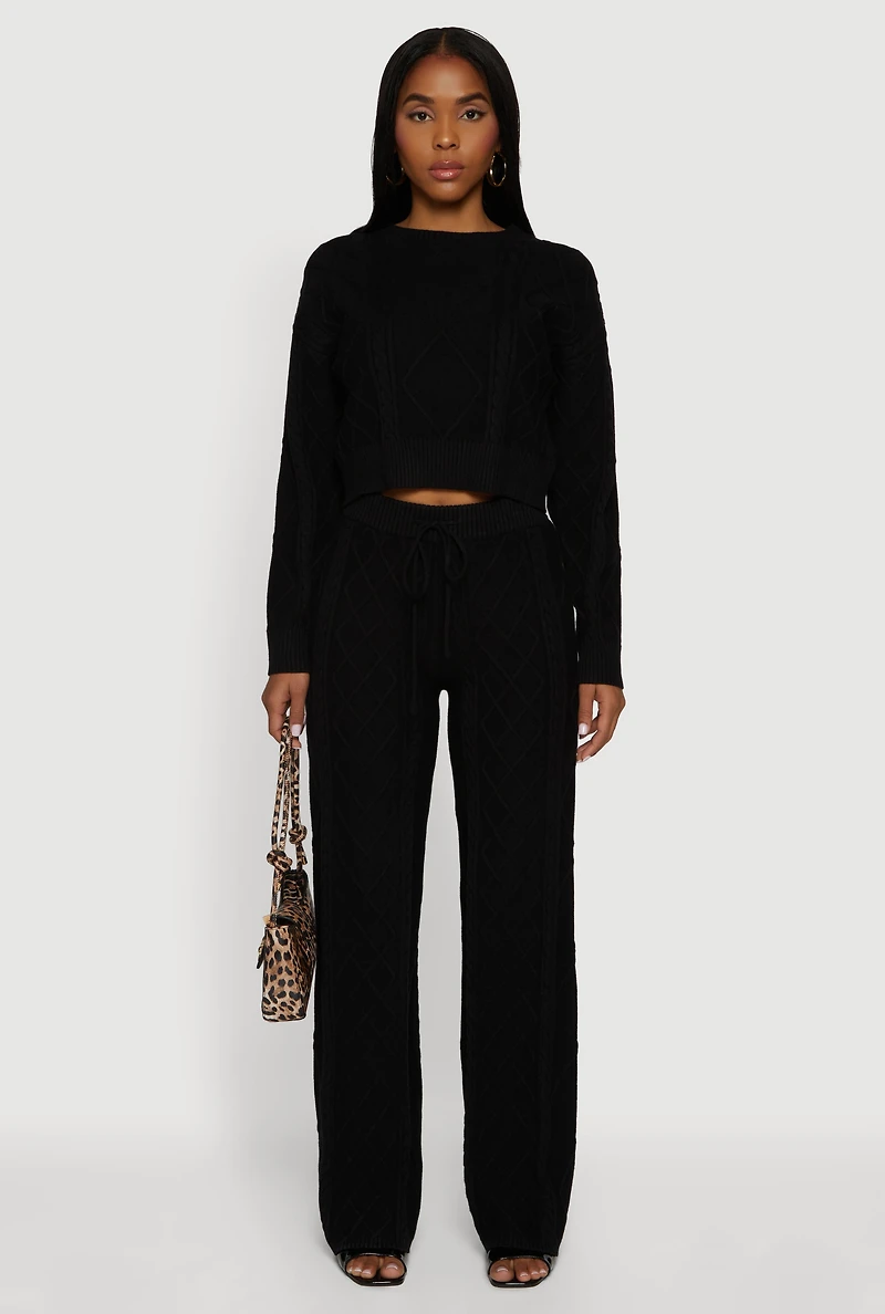 Womens Cable Knit Cropped Pullover Sweater, Black, Size L