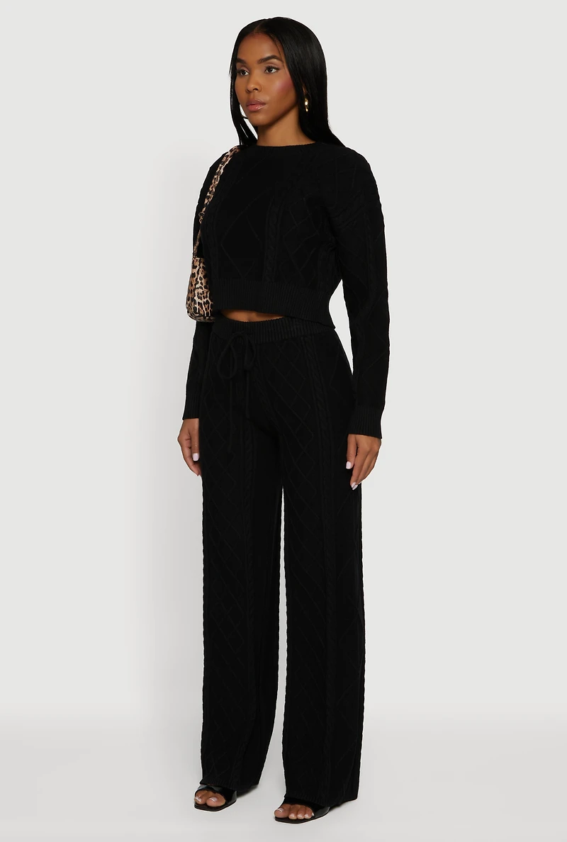 Womens Cable Knit Cropped Pullover Sweater, Black, Size L