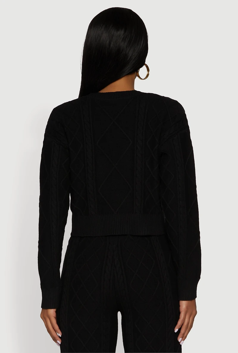 Womens Cable Knit Cropped Pullover Sweater, Black, Size L