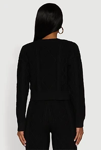 Womens Cable Knit Cropped Pullover Sweater, Black, Size L