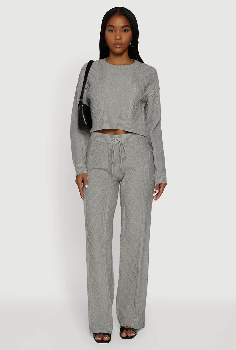 Womens Cable Knit Cropped Pullover Sweater, Grey, Size S