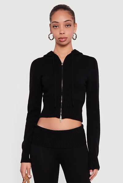 Womens Cropped Ribbed Knit Zip Front Hooded Cardigan,