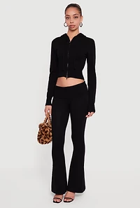 Womens Cropped Ribbed Knit Zip Front Hooded Cardigan,