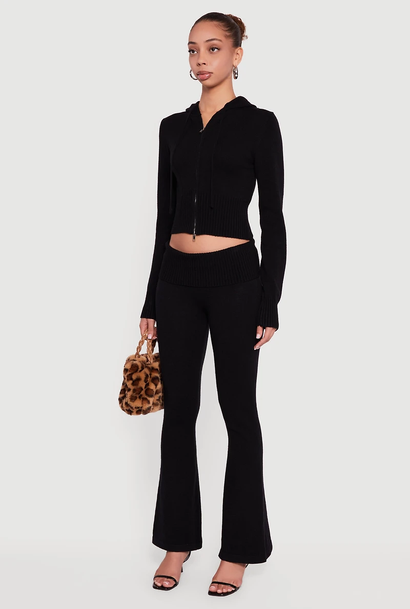 Womens Cropped Ribbed Knit Zip Front Hooded Cardigan,