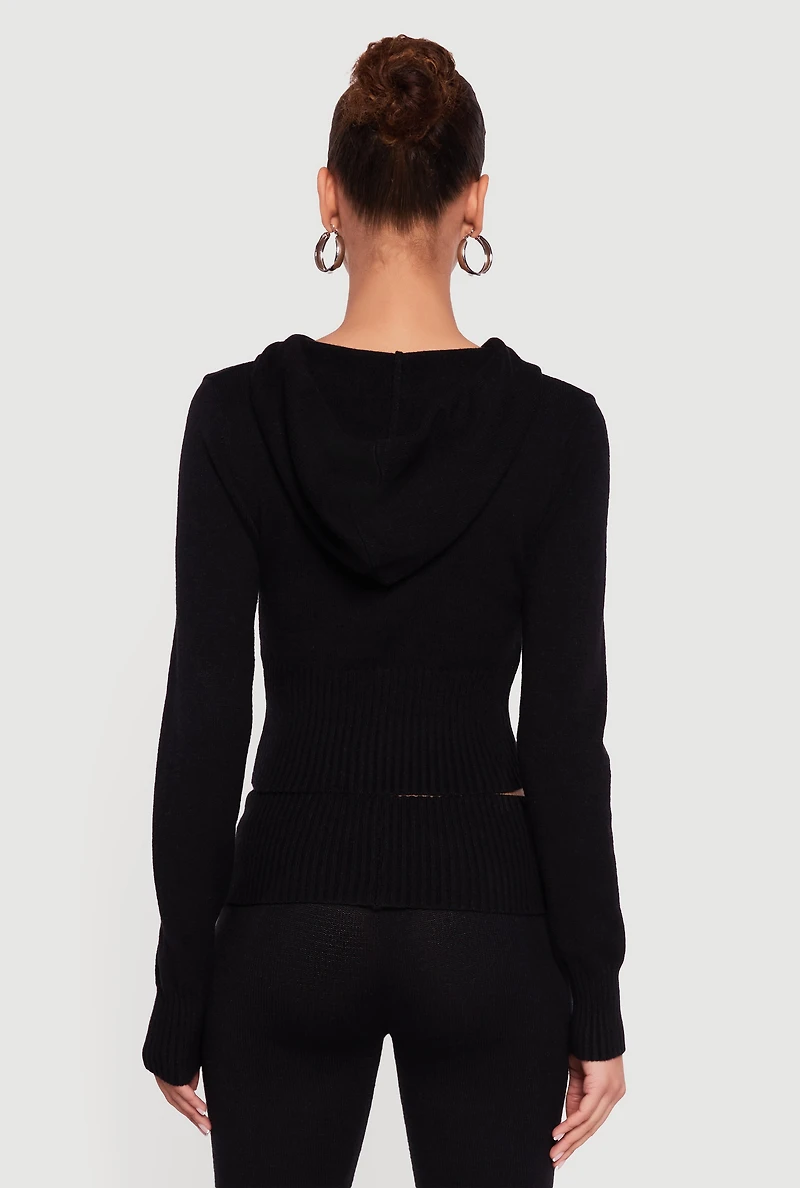 Womens Cropped Ribbed Knit Zip Front Hooded Cardigan,