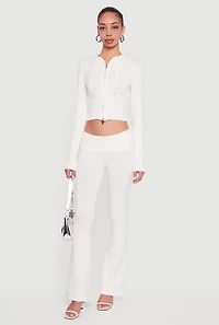 Cropped Ribbed Knit Zip Front Hooded Cardigan