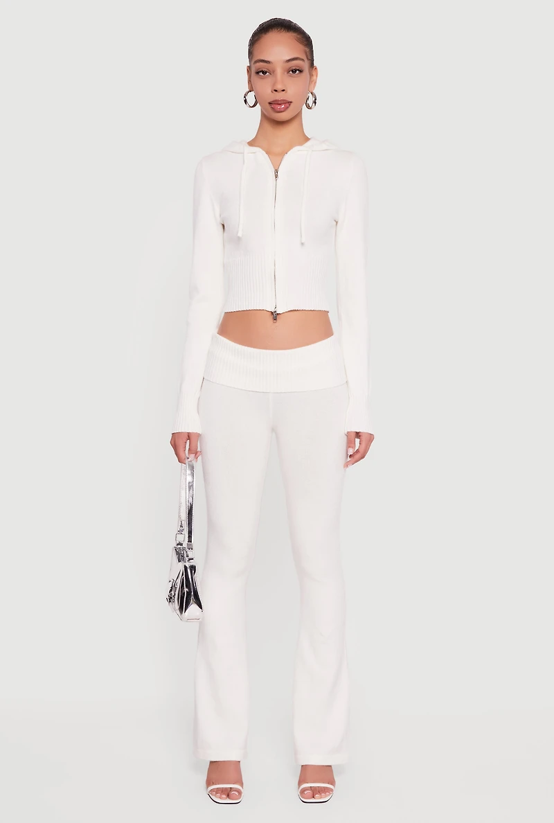 Mid Rise Ribbed Knit Flare Leg Pants