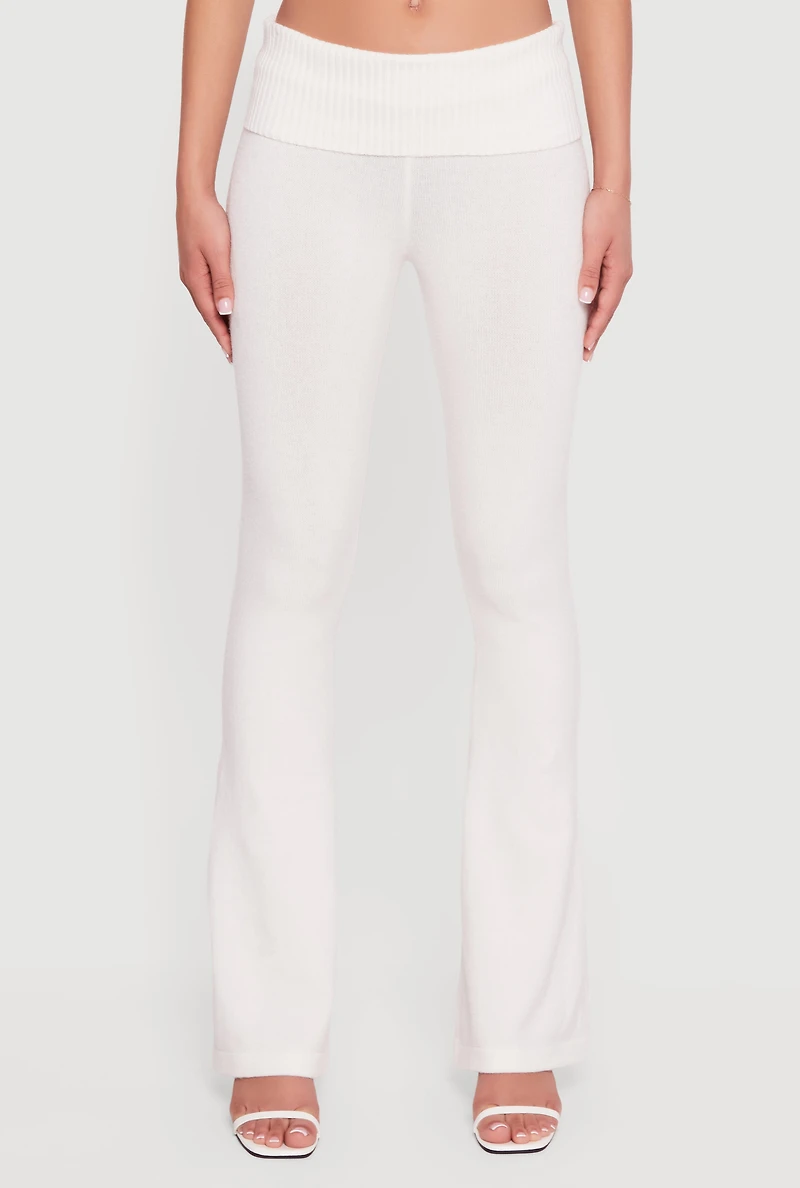Mid Rise Ribbed Knit Flare Leg Pants