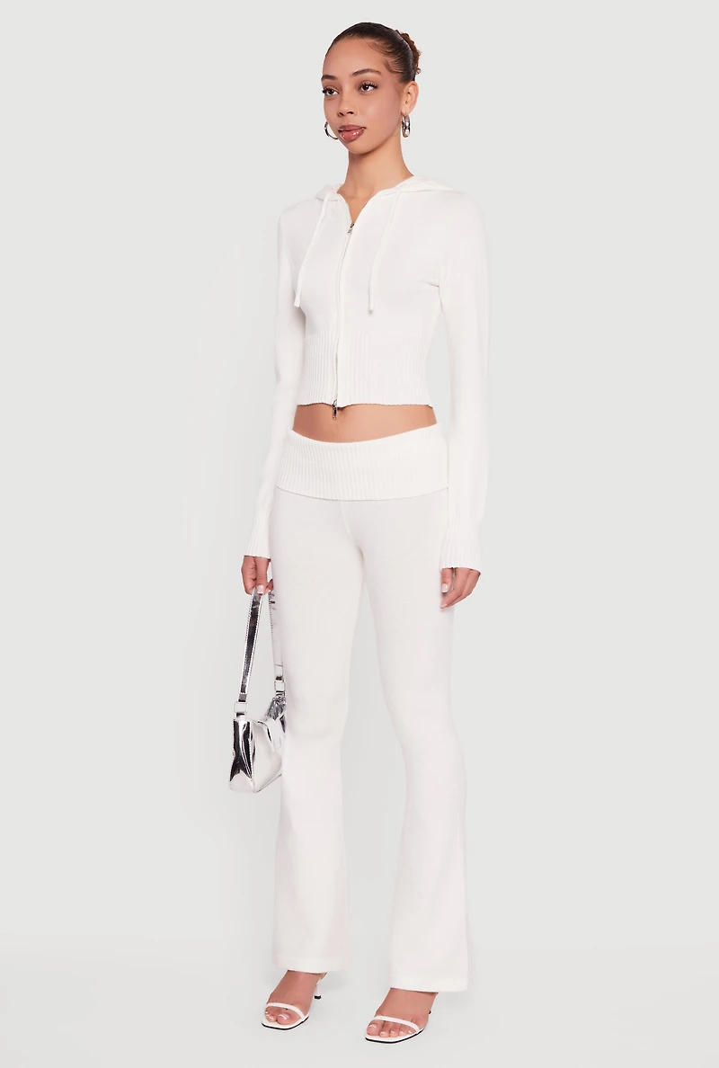 Cropped Ribbed Knit Zip Front Hooded Cardigan