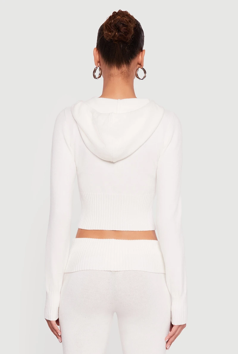 Cropped Ribbed Knit Zip Front Hooded Cardigan