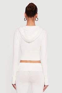 Cropped Ribbed Knit Zip Front Hooded Cardigan