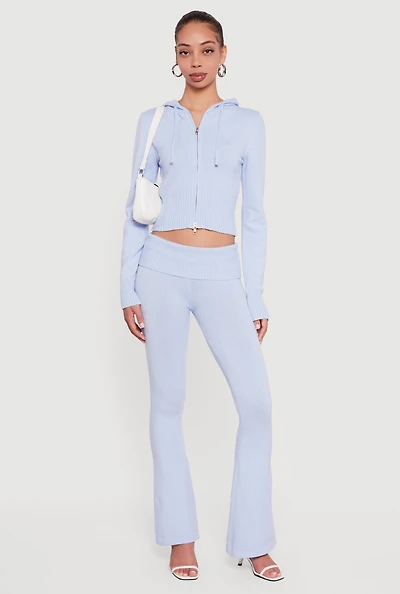 Mid Rise Ribbed Knit Flare Leg Pants