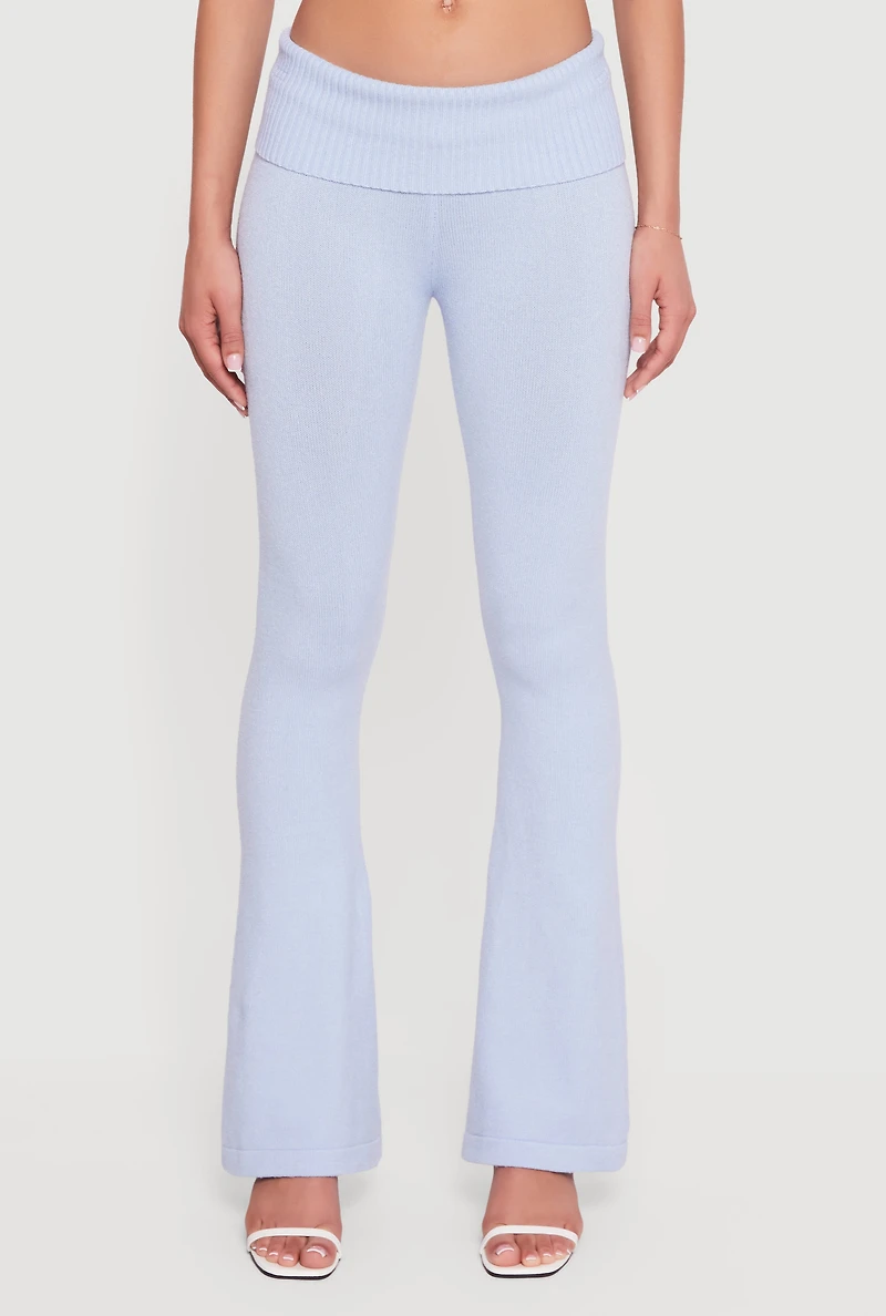 Mid Rise Ribbed Knit Flare Leg Pants