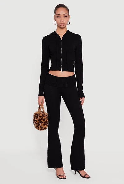 Womens Mid Rise Ribbed Knit Flare Leg Pants, Black,