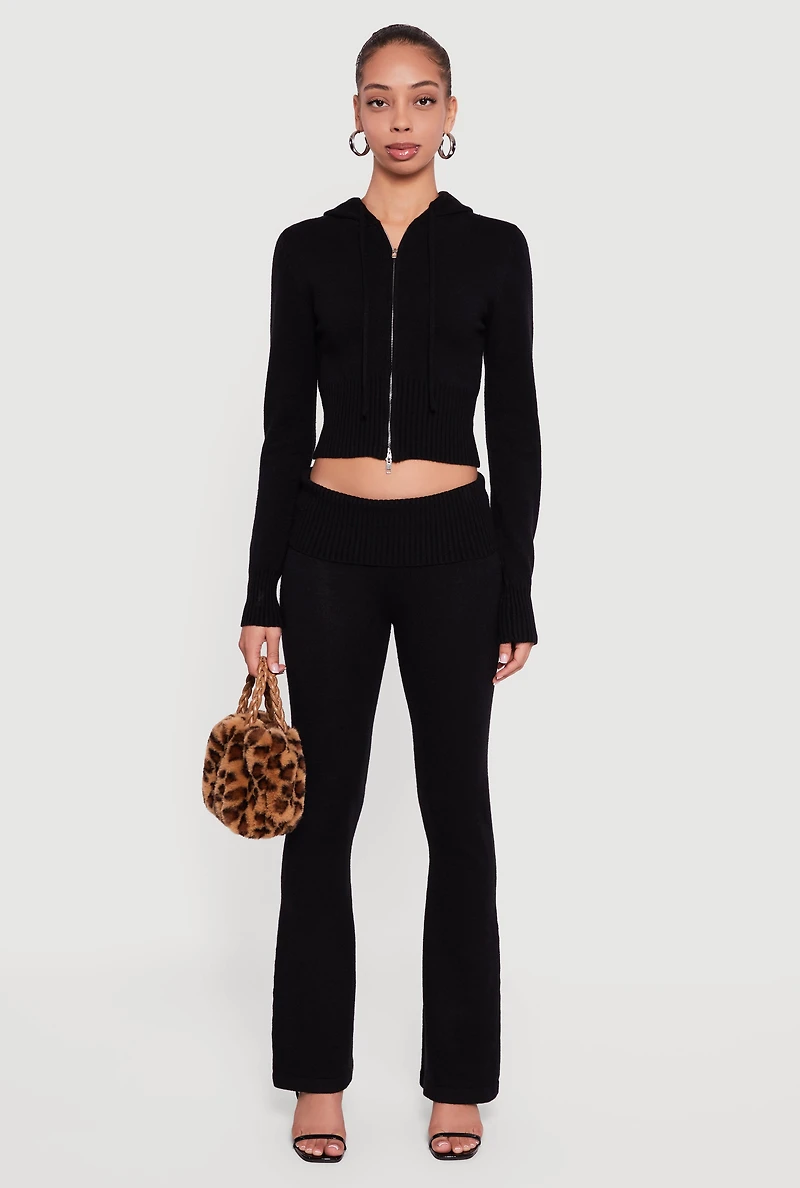 Womens Mid Rise Ribbed Knit Flare Leg Pants, Black,