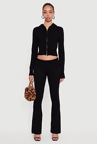 Cropped Ribbed Knit Zip Front Hooded Cardigan