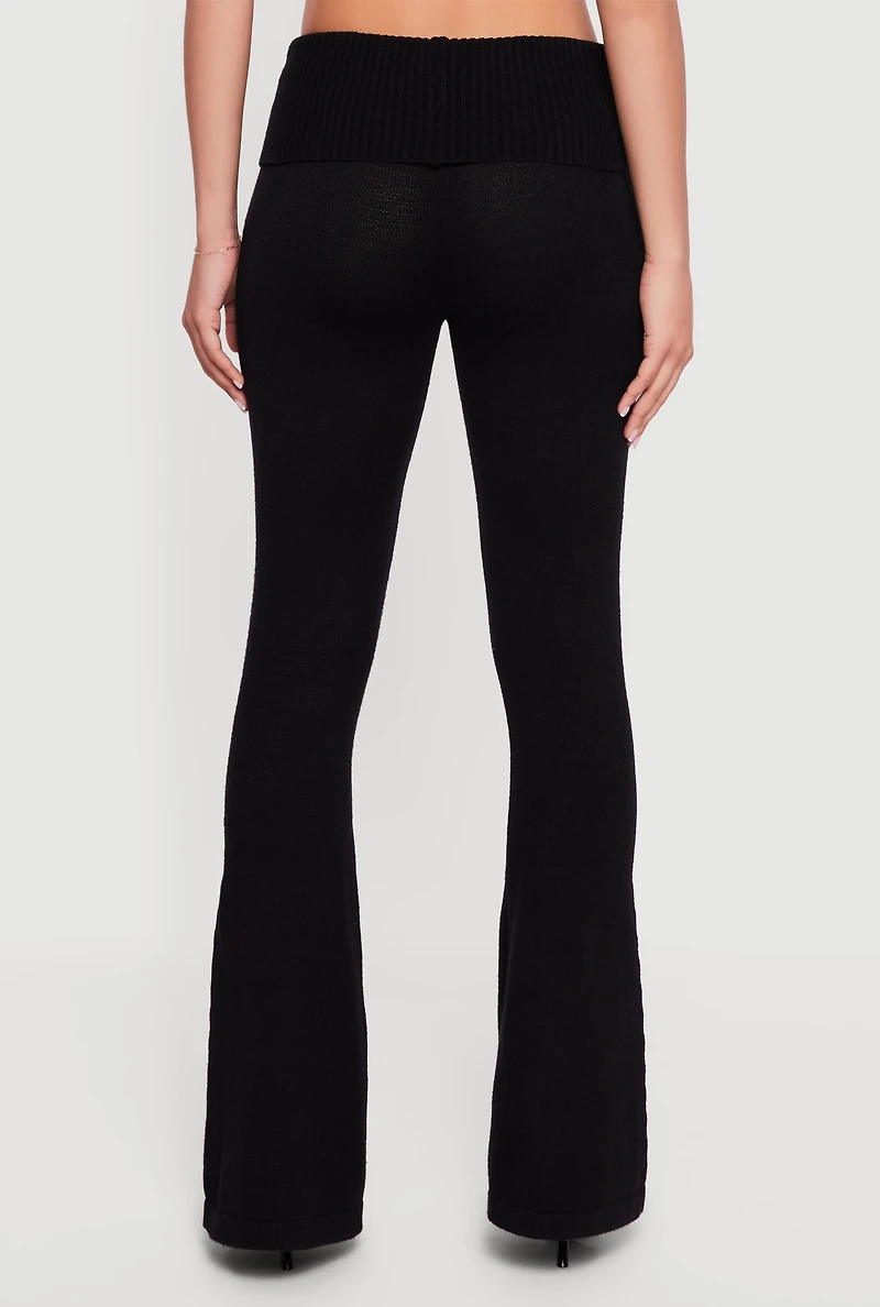 Mid Rise Ribbed Knit Flare Leg Pants