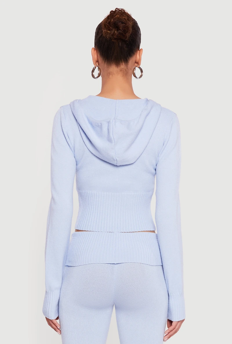 Cropped Ribbed Knit Zip Front Hooded Cardigan