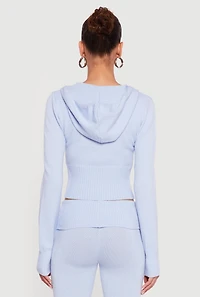 Cropped Ribbed Knit Zip Front Hooded Cardigan