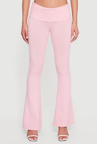 Womens Mid Rise Ribbed Knit Flare Leg Pants, Pink, Size S
