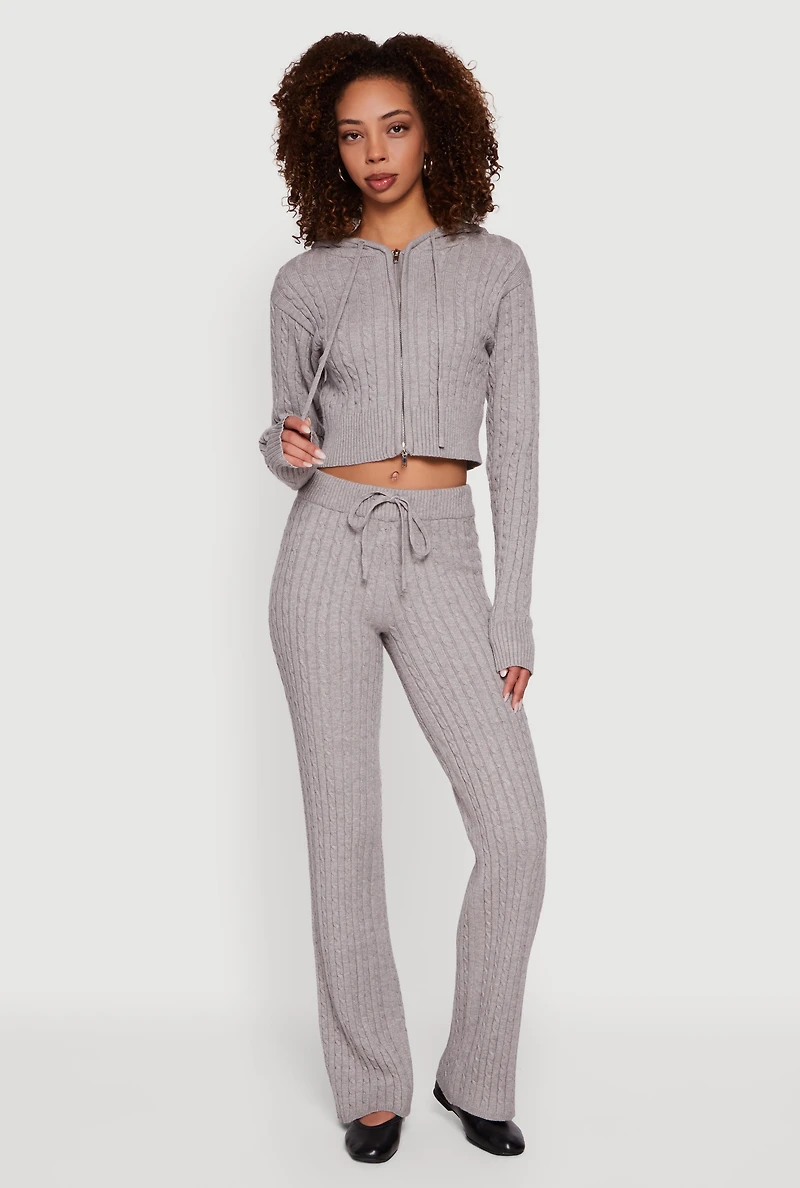 Cropped Rib Knit Trim Cable Sweater Hoodie