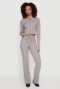Cropped Rib Knit Trim Cable Sweater Hoodie
