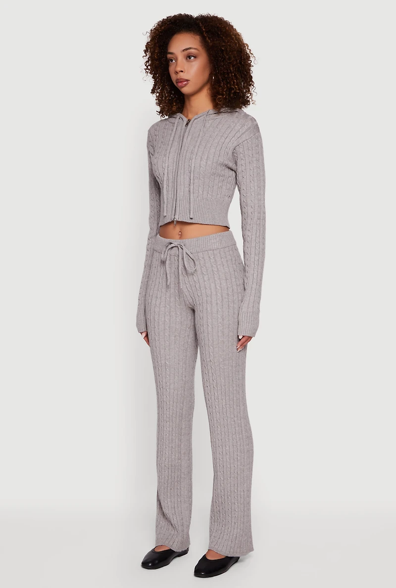 Cropped Rib Knit Trim Cable Sweater Hoodie