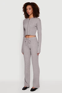 Cropped Rib Knit Trim Cable Sweater Hoodie