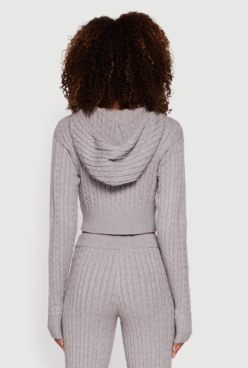 Cropped Rib Knit Trim Cable Sweater Hoodie