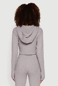 Cropped Rib Knit Trim Cable Sweater Hoodie