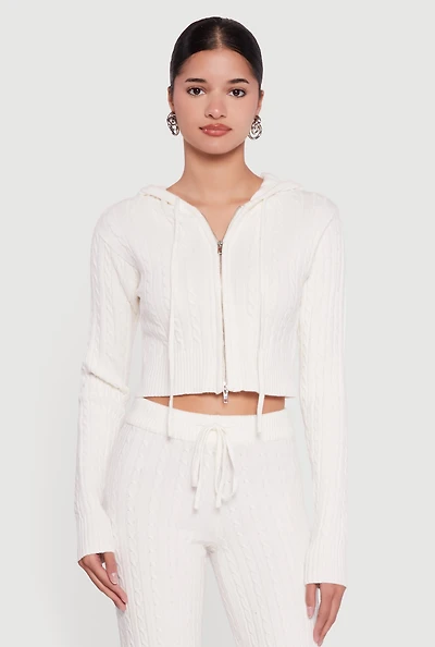 Cropped Rib Knit Trim Cable Sweater Hoodie