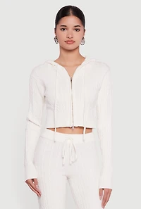 Cropped Rib Knit Trim Cable Sweater Hoodie