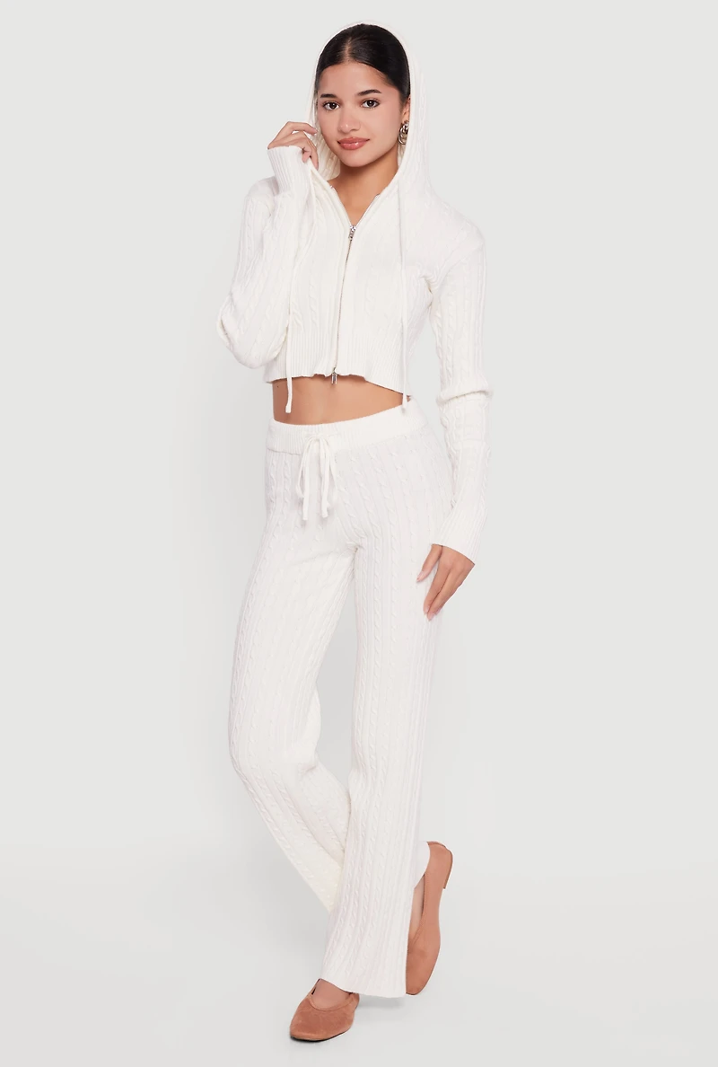 Cropped Rib Knit Trim Cable Sweater Hoodie