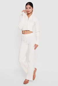 Cropped Rib Knit Trim Cable Sweater Hoodie