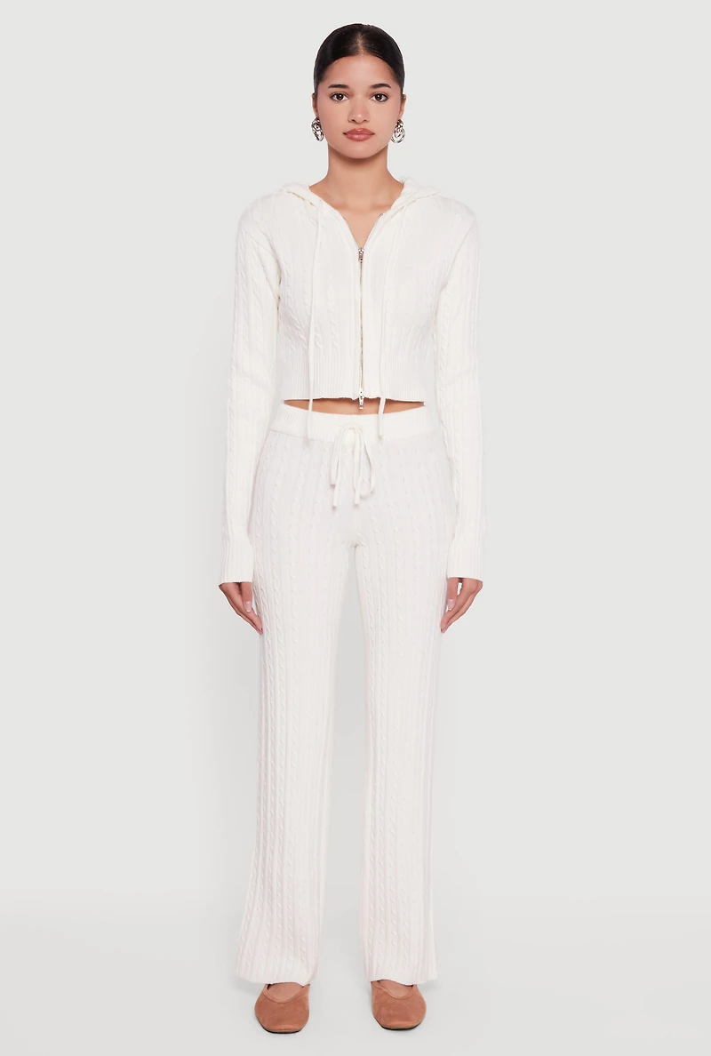 Cropped Rib Knit Trim Cable Sweater Hoodie