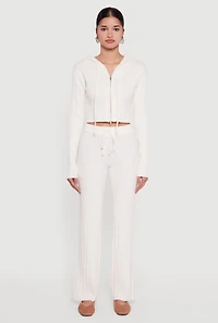 Cropped Rib Knit Trim Cable Sweater Hoodie