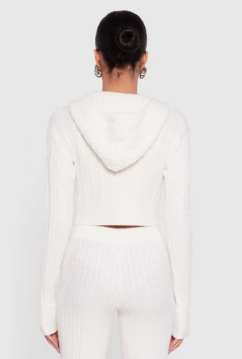 Cropped Rib Knit Trim Cable Sweater Hoodie