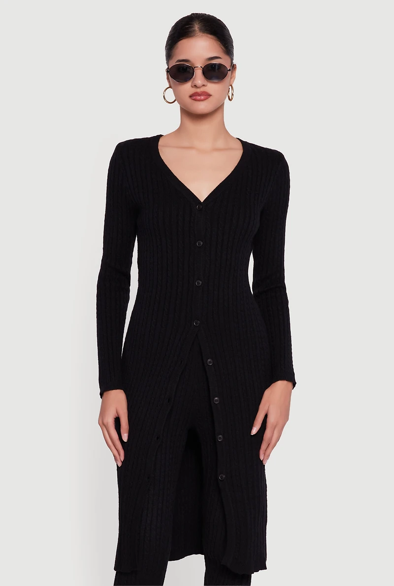 Cable Knit Long Button Front Duster