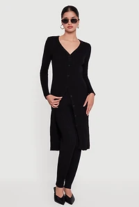 Womens Cable Knit Long Button Front Duster, Black, Size S