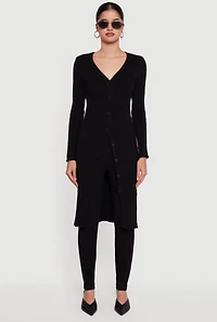 Womens Cable Knit Long Button Front Duster, Black, Size S