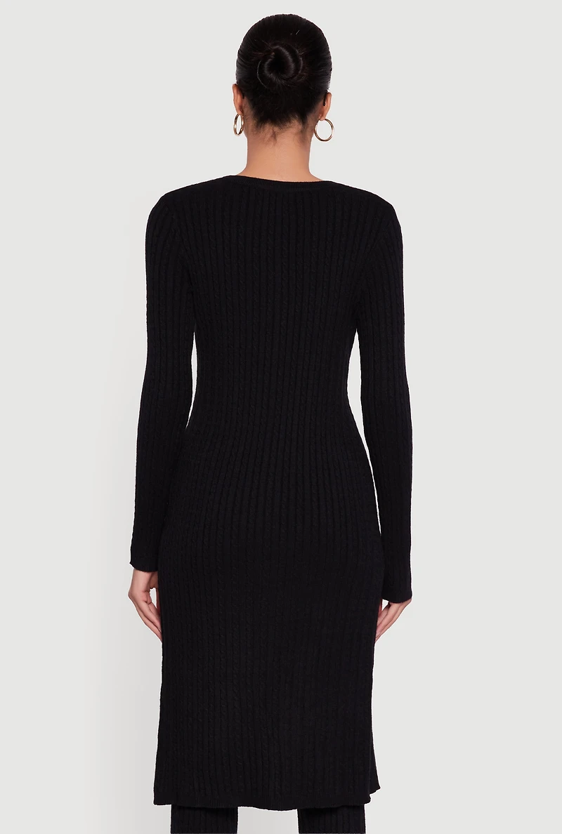 Womens Cable Knit Long Button Front Duster, Black, Size S