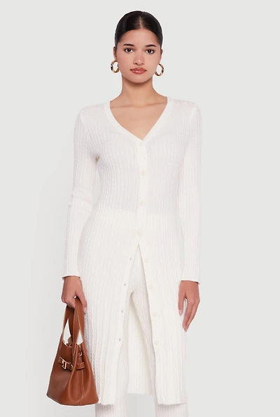 Womens Cable Knit Long Button Front Duster,