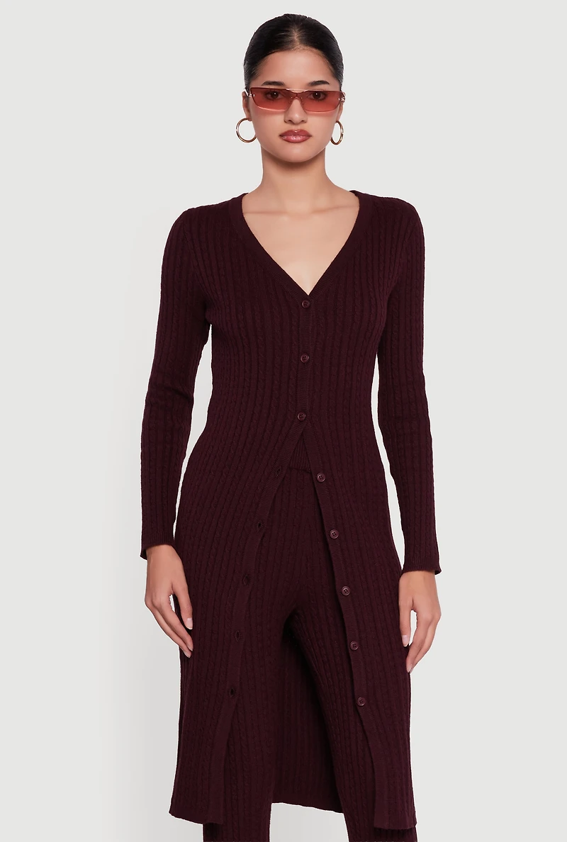 Cable Knit Long Button Front Duster