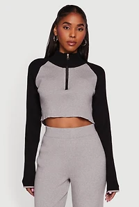 Womens Color Blocked Half Zip Crop Sweater,