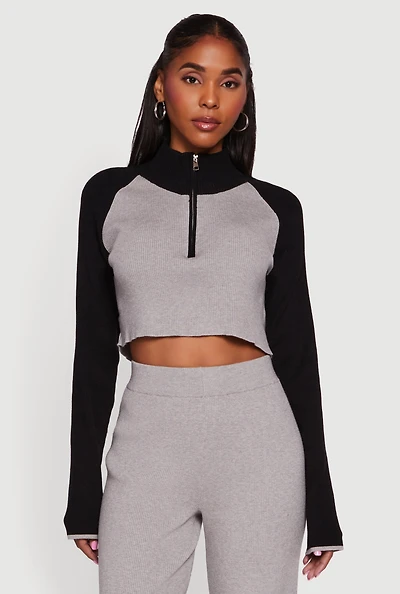 Color Blocked Half Zip Crop Sweater